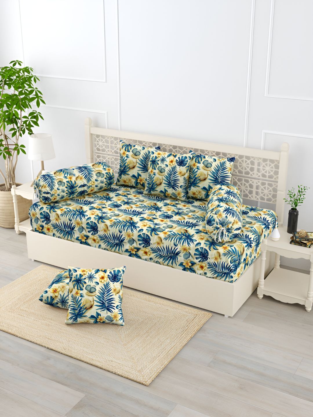 EverHOME Blue & Yellow 8 Pieces Floral Printed Pure Cotton Diwan Set
