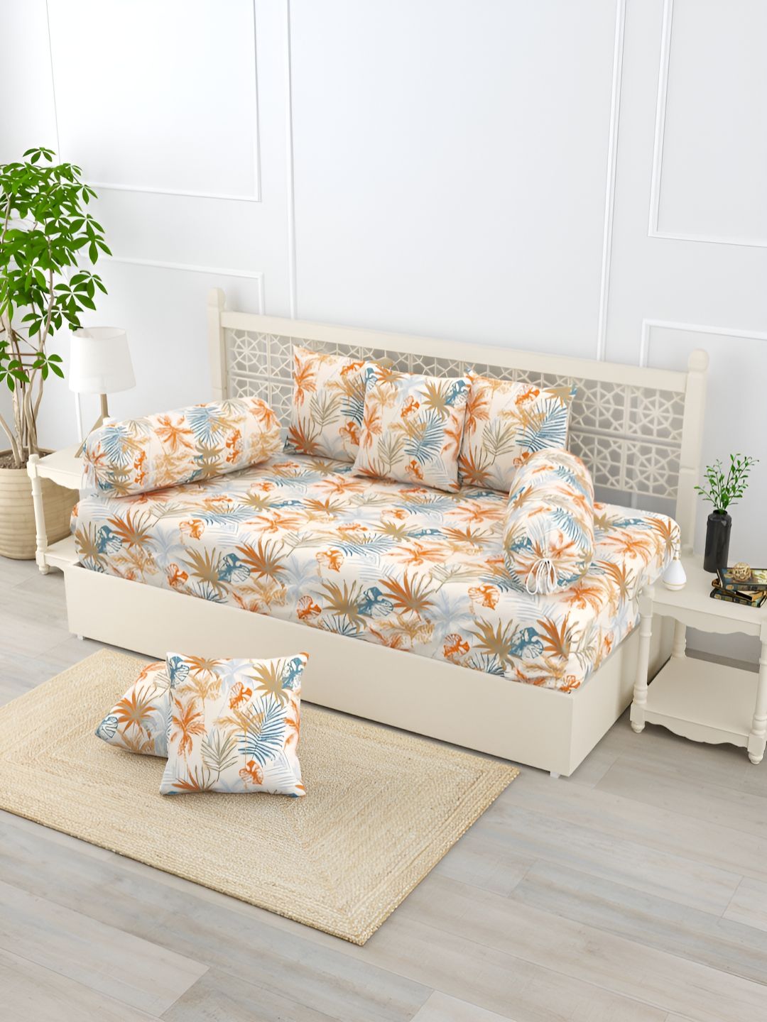 EverHOME White & Blue 8 Pieces Floral Printed Pure Cotton Diwan Set
