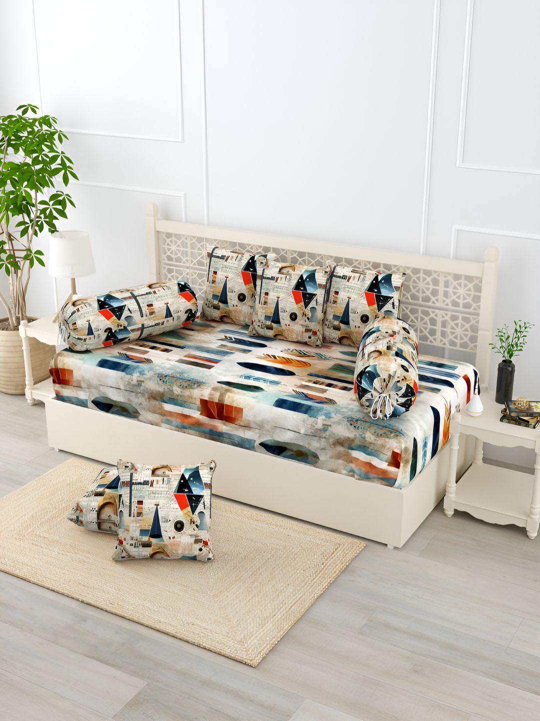 EverHOME White & Brown 8 Pieces Abstract Printed Pure Cotton Diwan Set