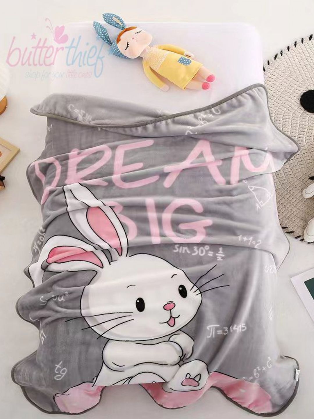 Butterthief Grey & White Cartoon Characters AC Room 210 GSM Single Bed Blanket