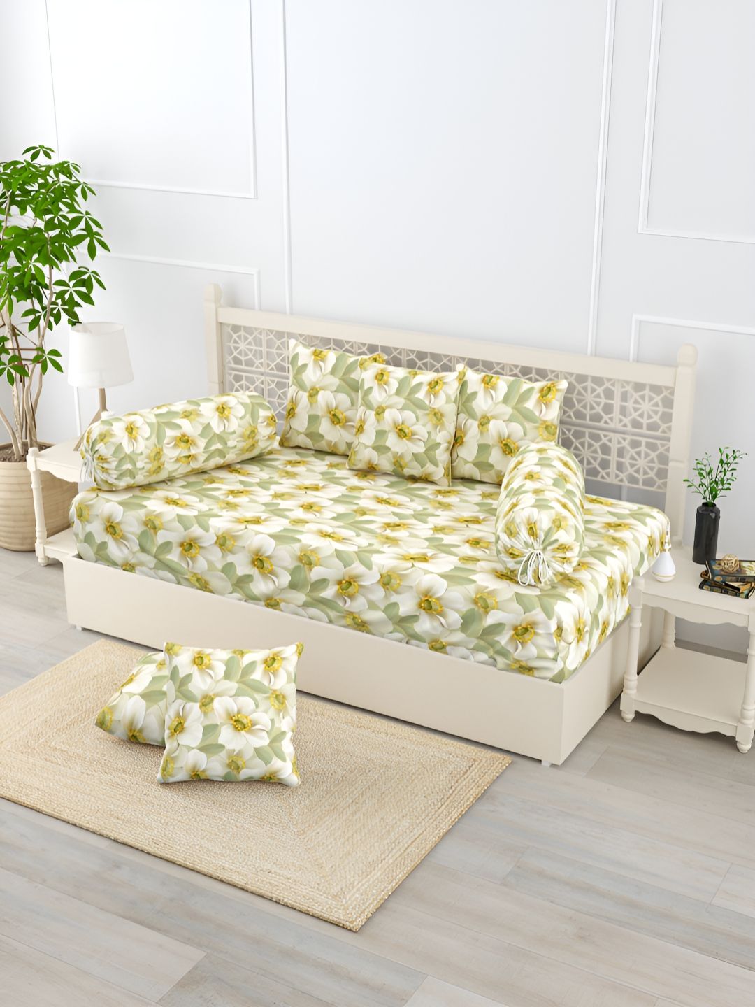 EverHOME Green & White 8 Pieces Floral Printed Pure Cotton Diwan Set