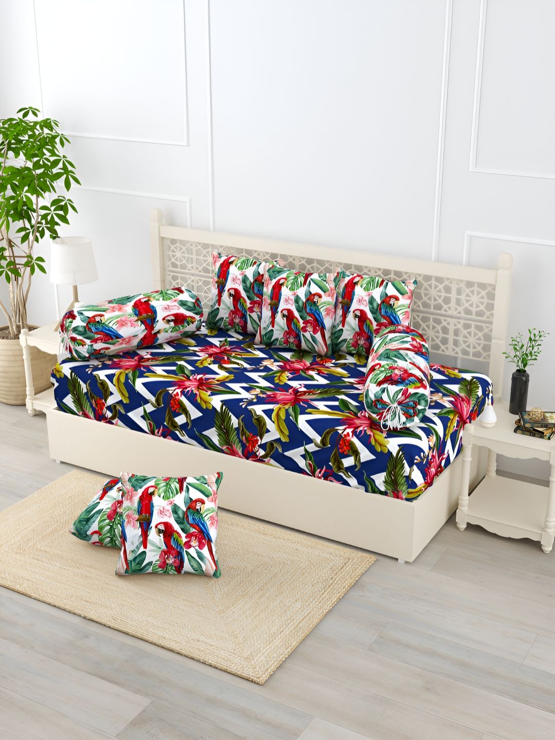 EverHOME Blue & Red 8 Pieces Floral Printed Pure Cotton Diwan Set