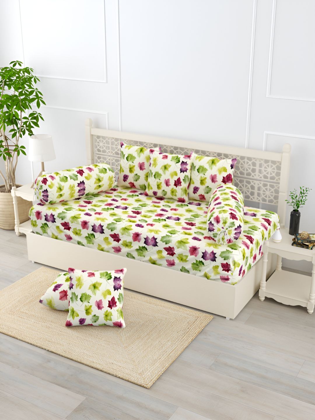 EverHOME Green & Pink 8 Pieces Floral Printed Pure Cotton Diwan Set