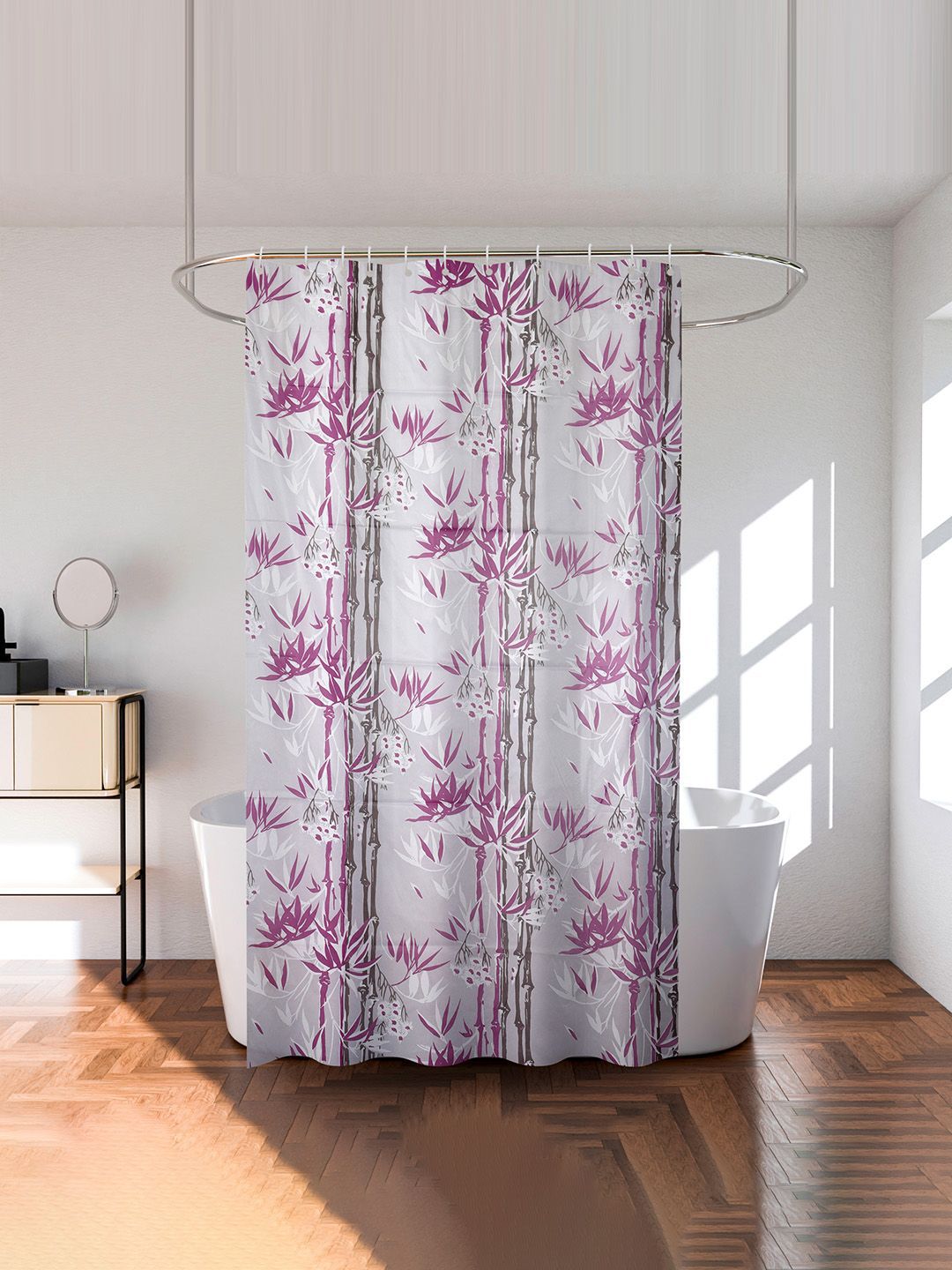 Kuber Industries White & Purple Bamboo Printed Shower Curtain With 8 Rings