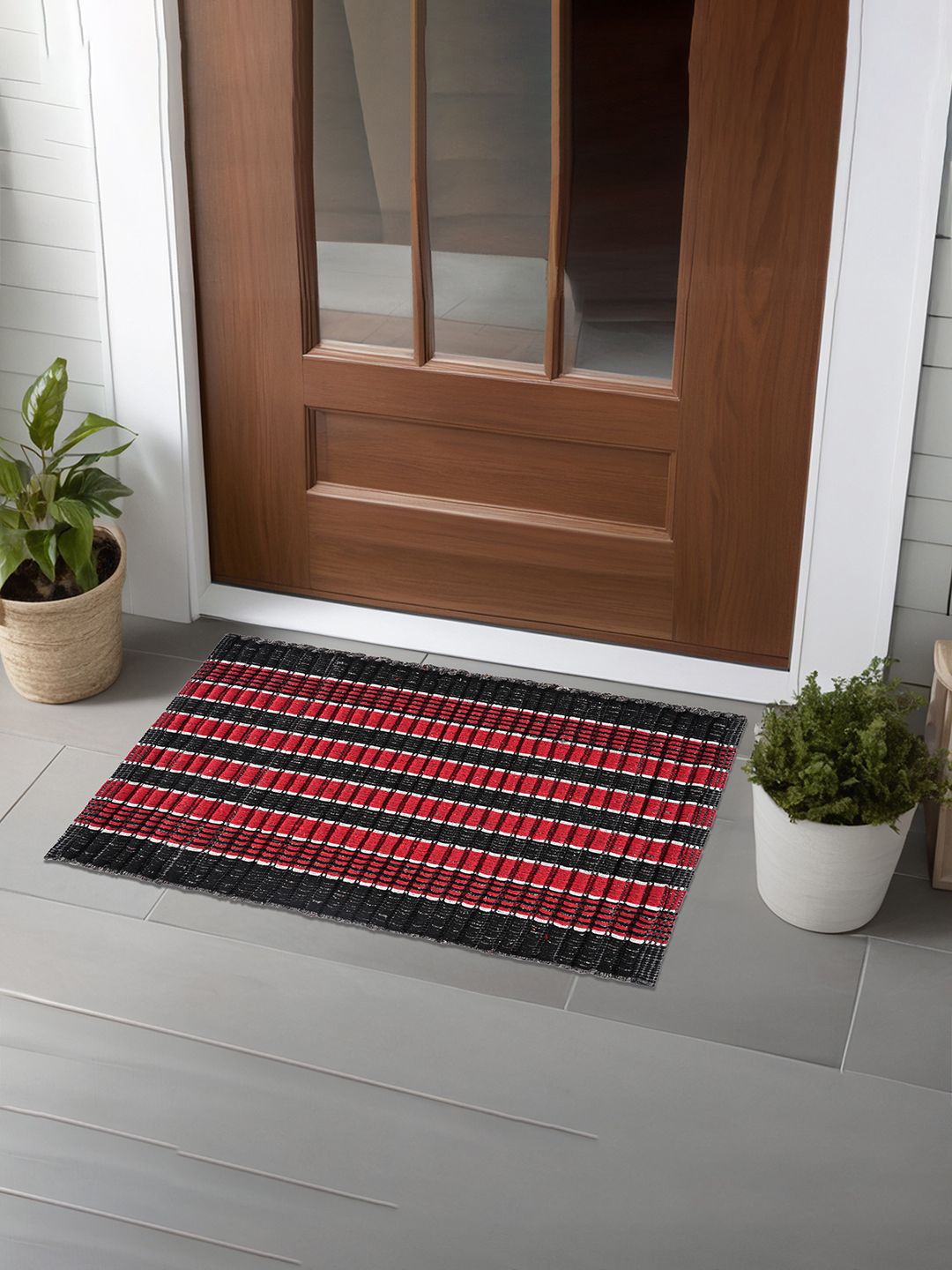 Kuber Industries Red & Black 3 Pieces Textured Cotton Anti-Slip Doormats