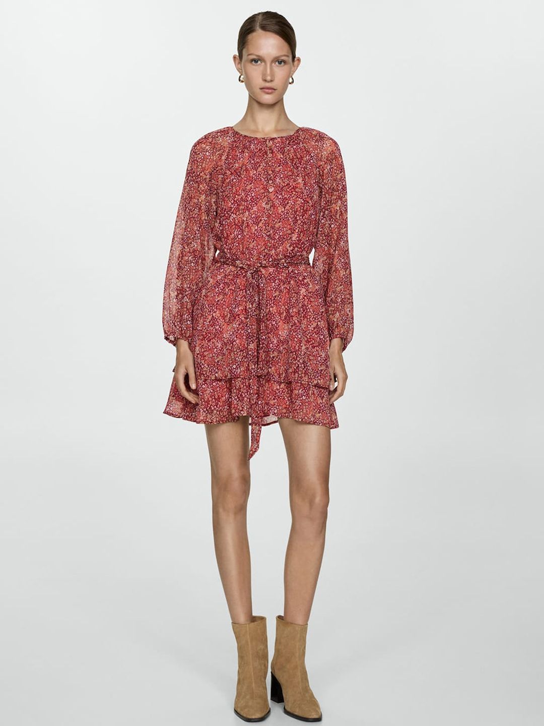 Floral Print Ruffled A-Line Mini Dress with Belt