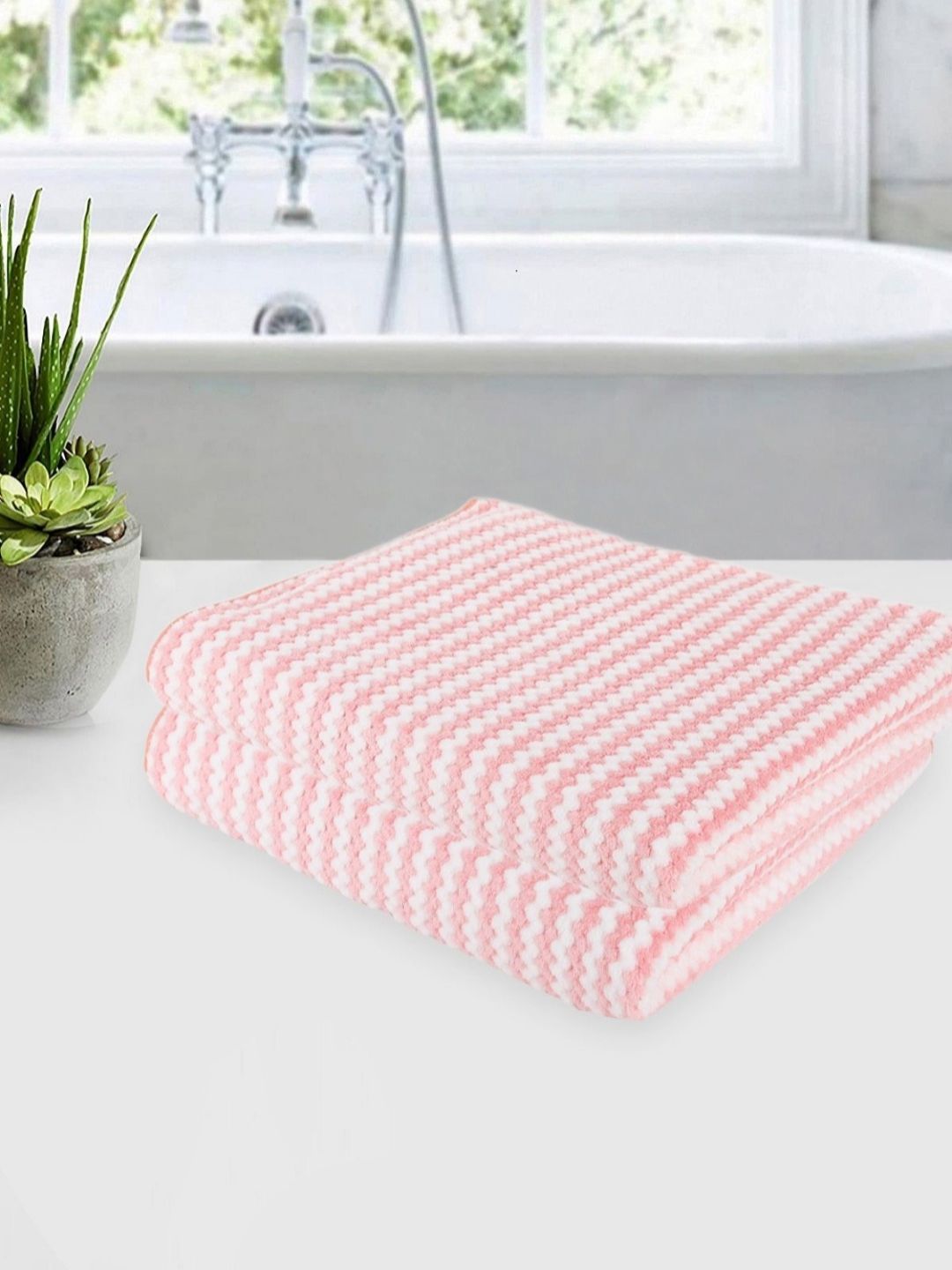 Myntra Elegant Homes Pink & White 2 Pieces Striped Microfiber 350 GSM Bath Towels