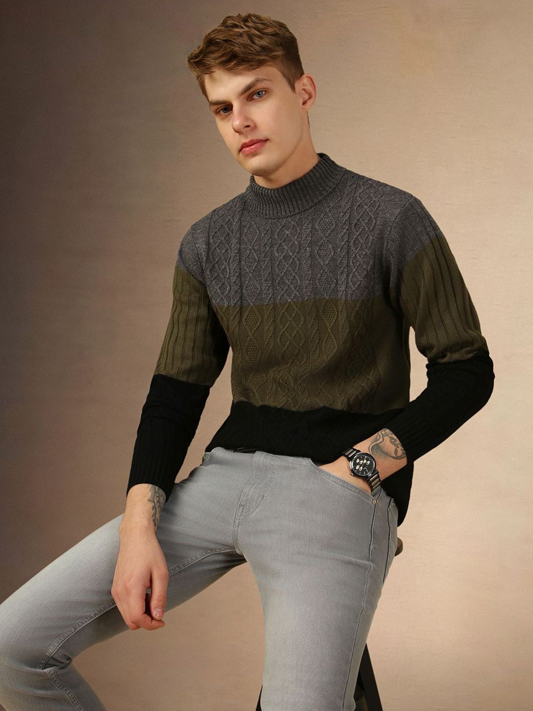 Dennis Lingo Colourblocked Turtle Neck Acrylic Pullover Sweater