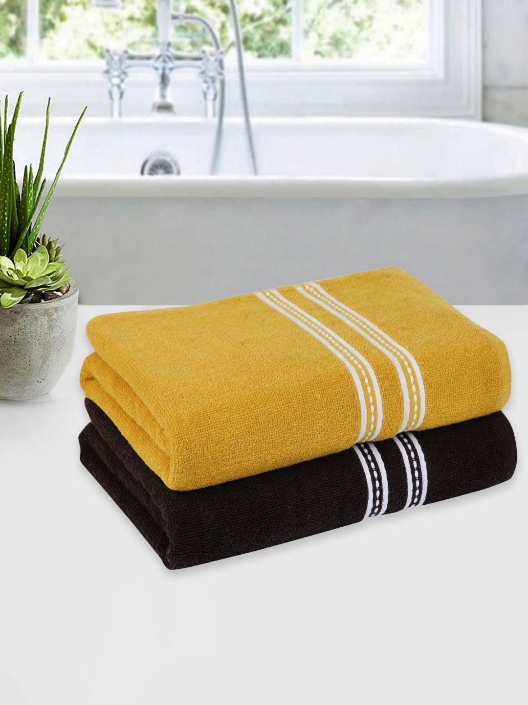 Myntra Elegant Homes Yellow & Coffee Brown 2 Pieces Striped Cotton 500 GSM Bath Towel