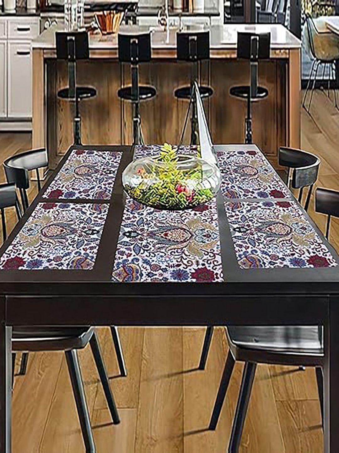 PRAKARTIK Set of 5 Blue & Red Floral Rectangular Cotton Dining Table Mats &Runner