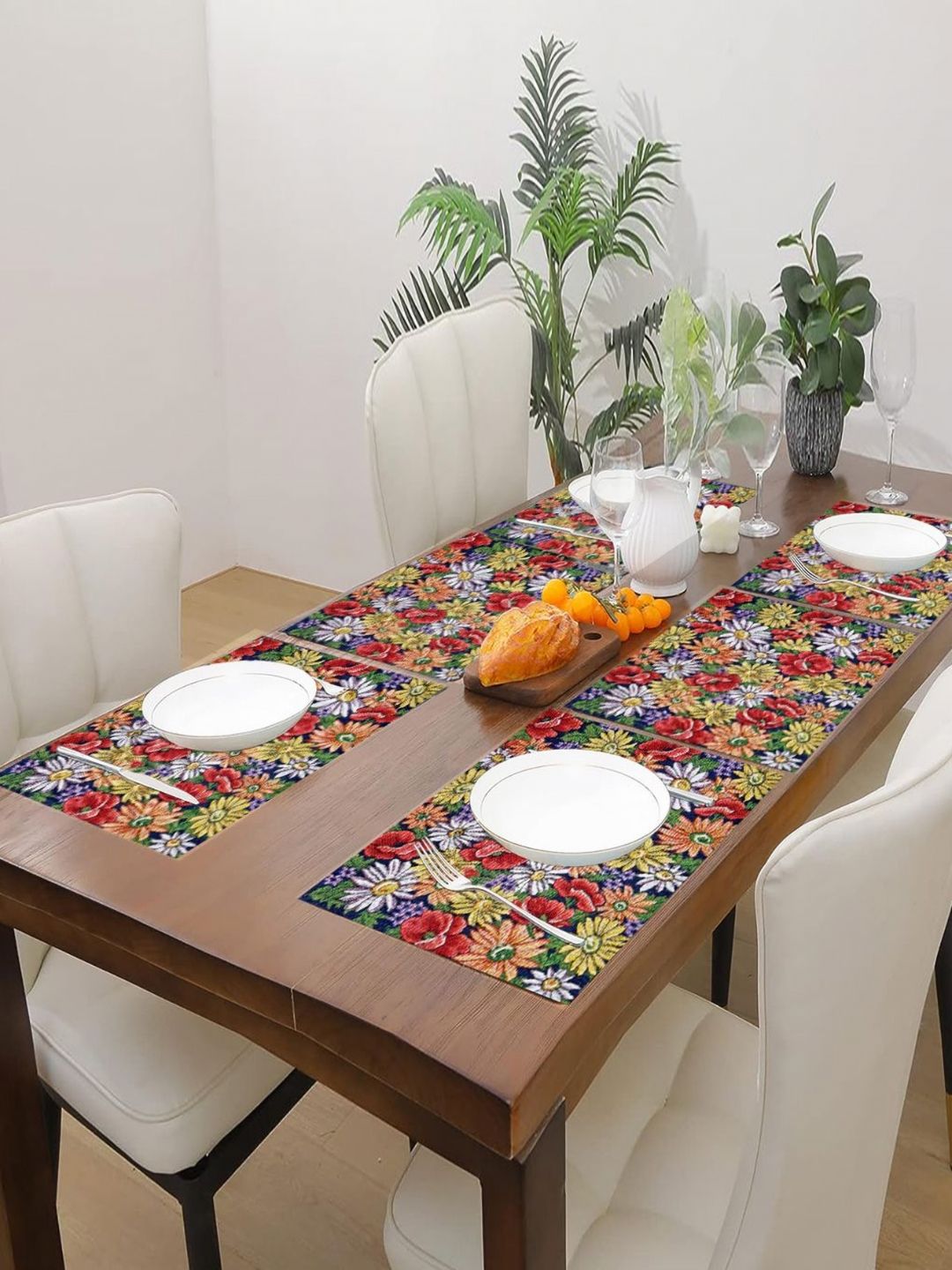PRAKARTIK Set of 6 Red & Yellow Cotton Floral Printed Dining Table Mats