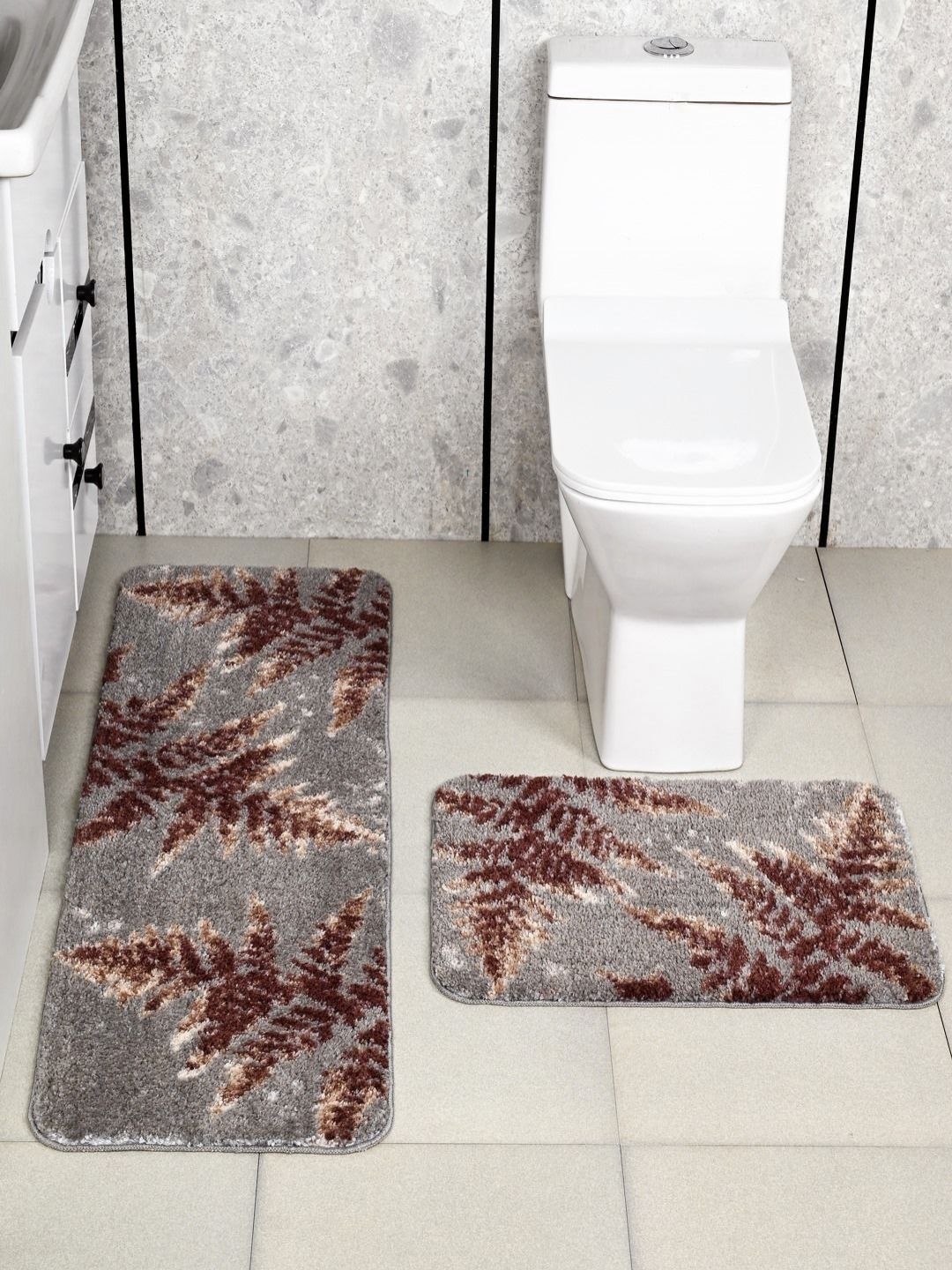 Saral Home Cedar Brown & Grey 2 Pieces Textured Petal Soft Anti Skid Bathmat & Runner
