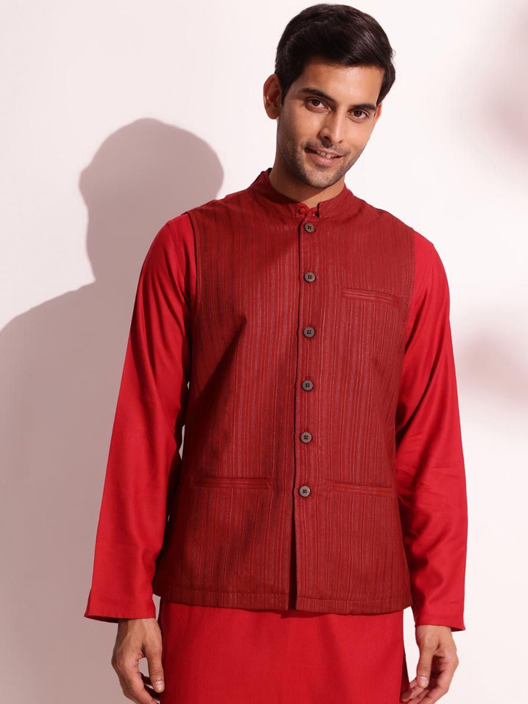 Fabindia Men Striped Mandarin Collar Nehru Jacket