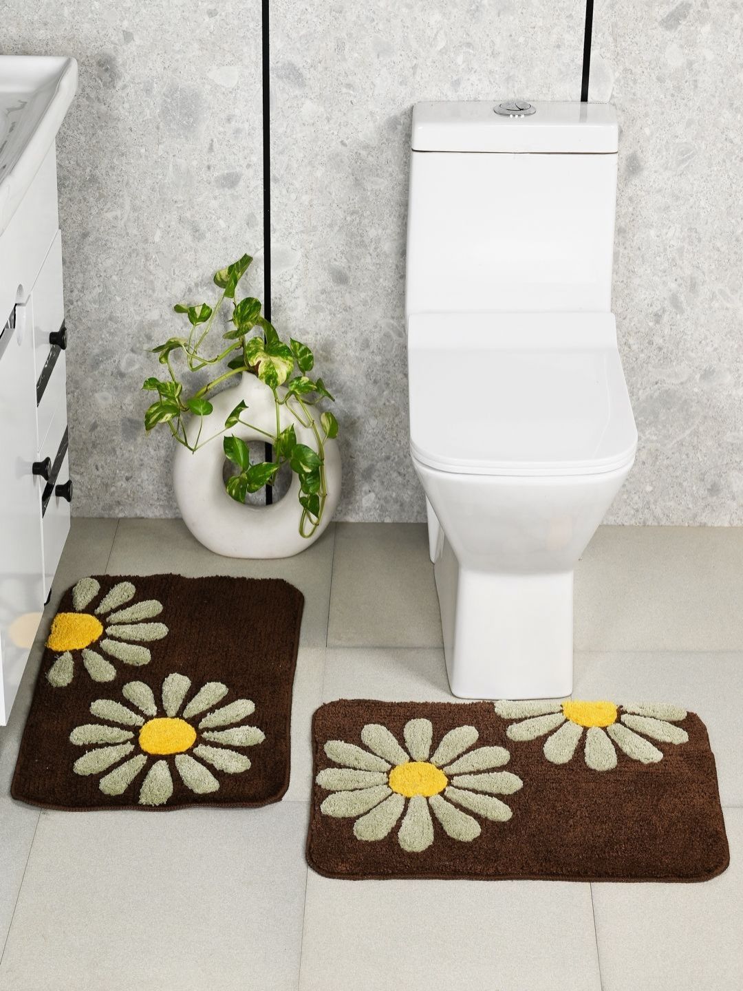 Saral Home Brown & Yellow 2 Pieces Floral Printed Antiskid Bath Rugs