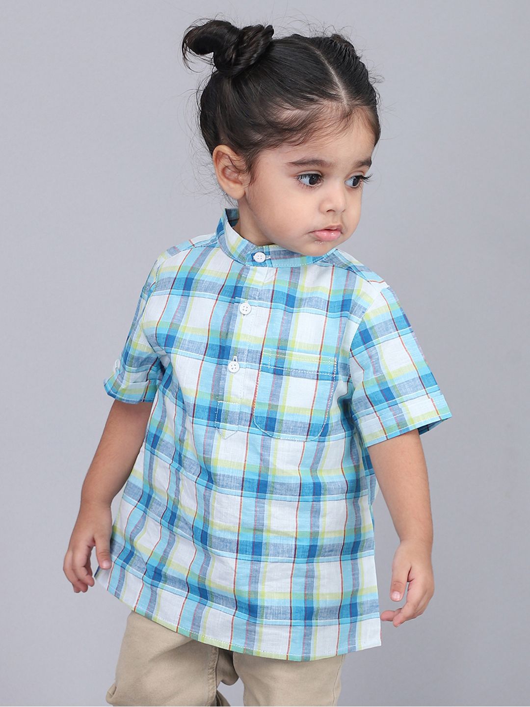 Biglilpeople Boys Standard Band Collar Tartan Checked Cotton Casual Shirt