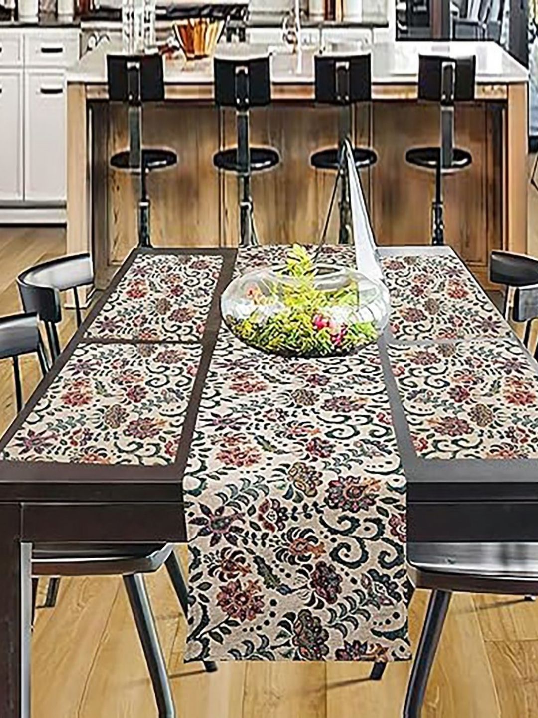 PRAKARTIK Set of 5 Latte Beige & Green Floral Dining Table Mats With Runner