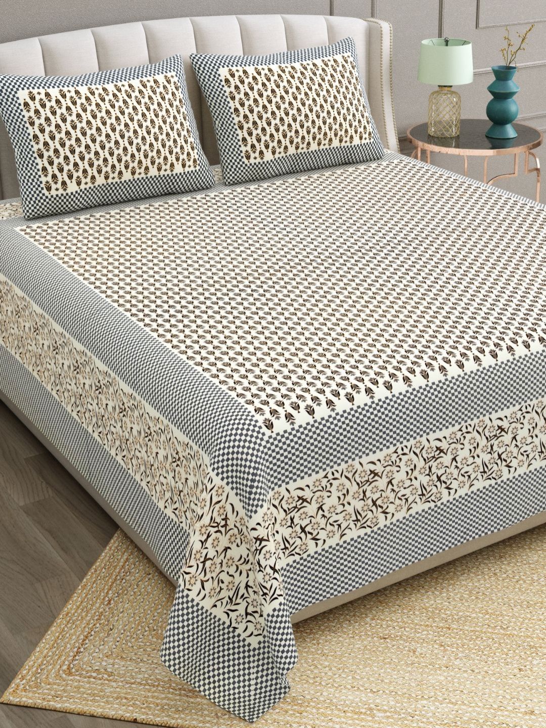 The Craft Monk Grey Ethnic Motifs Pure Cotton 240 TC King Fine Bedsheet with 2 Pillow Covers-108 x 90 inches