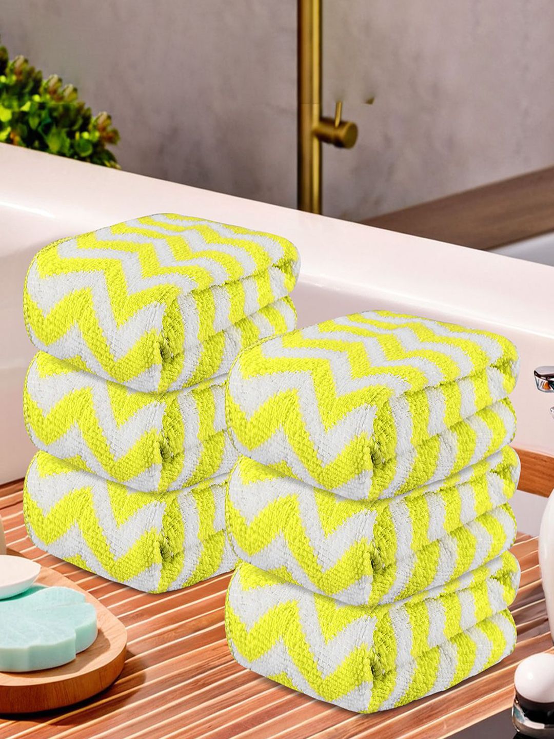 Kuber Industries Yellow & White 6 Pieces Printed Microfibre 250 GSM Face Towels