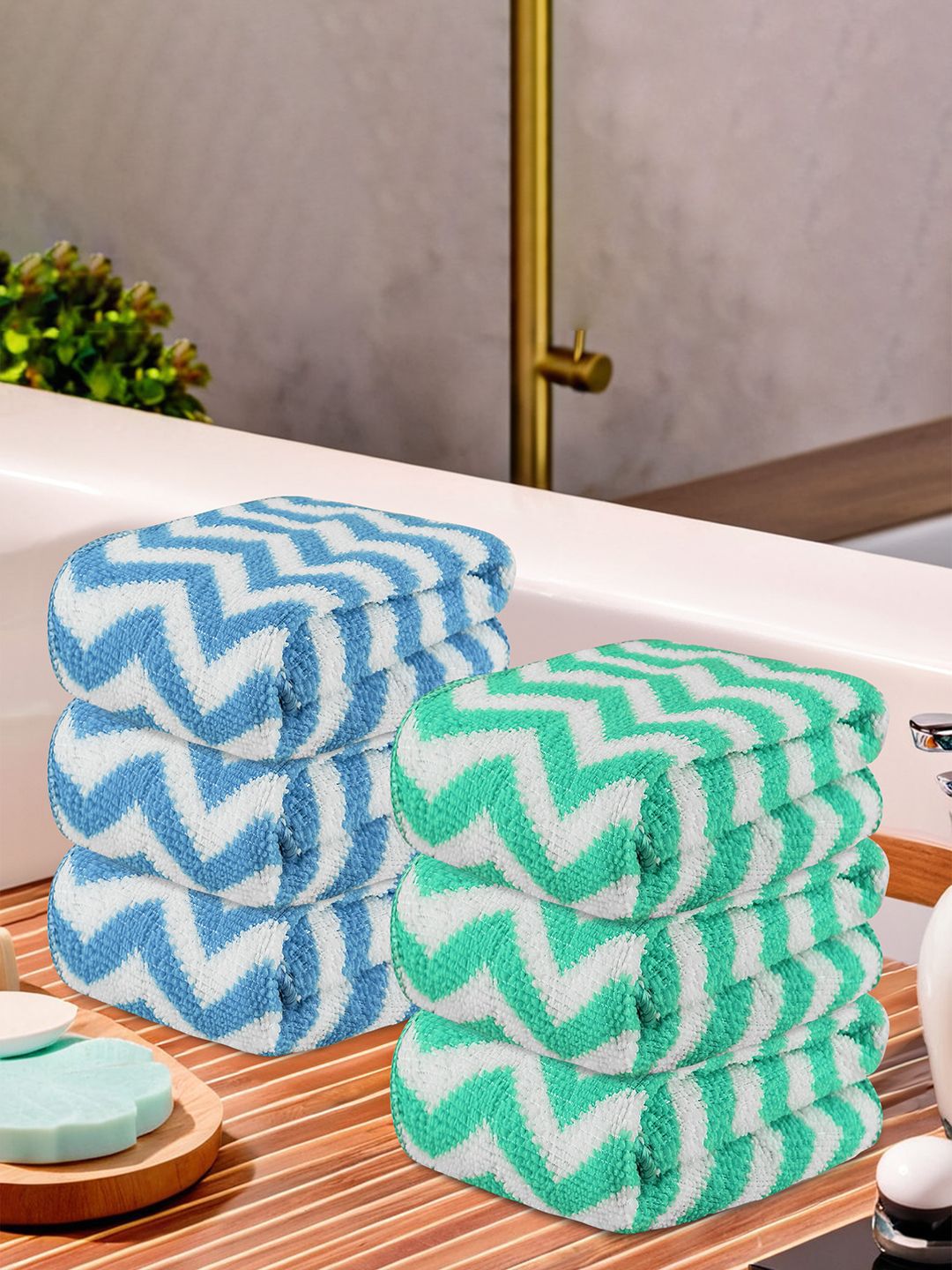 Kuber Industries Blue 6 Pieces Printed Super Absorbent 250 GSM Microfibre Face Towels