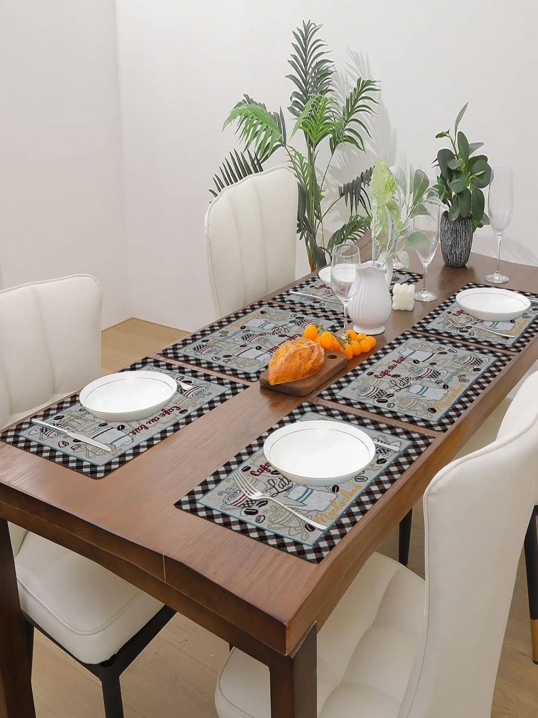 PRAKARTIK Set of 6 Grey & Brown Printed Heat Resistant Dining Table Mats