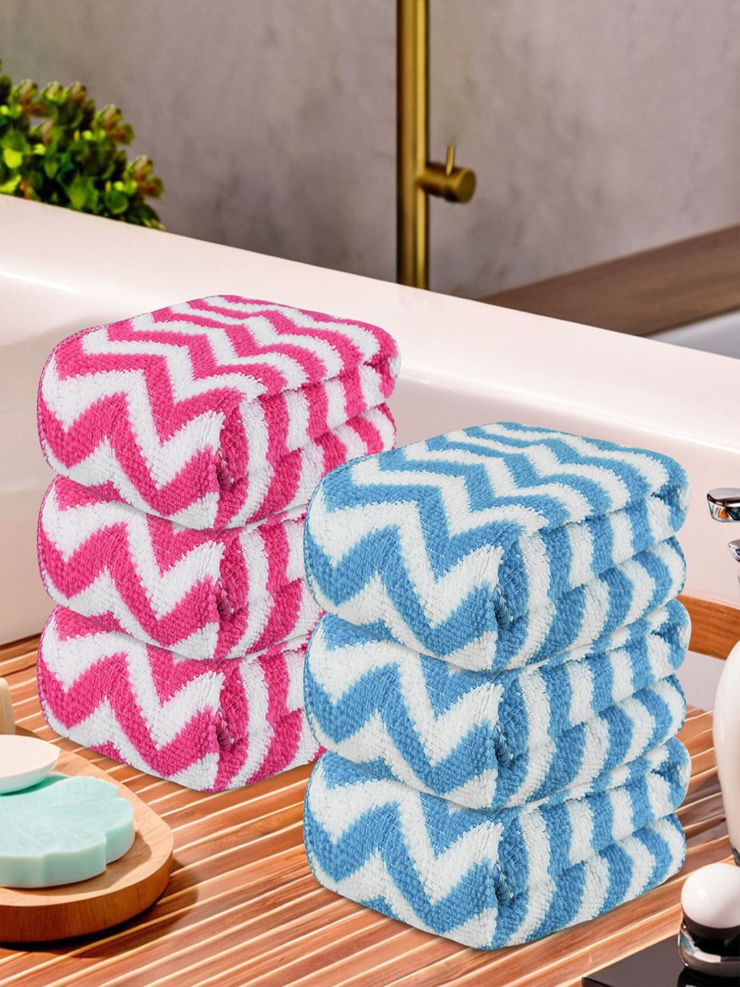 Kuber Industries Pink & Blue 6 Pieces Printed 250 GSM Microfibre Face Towel
