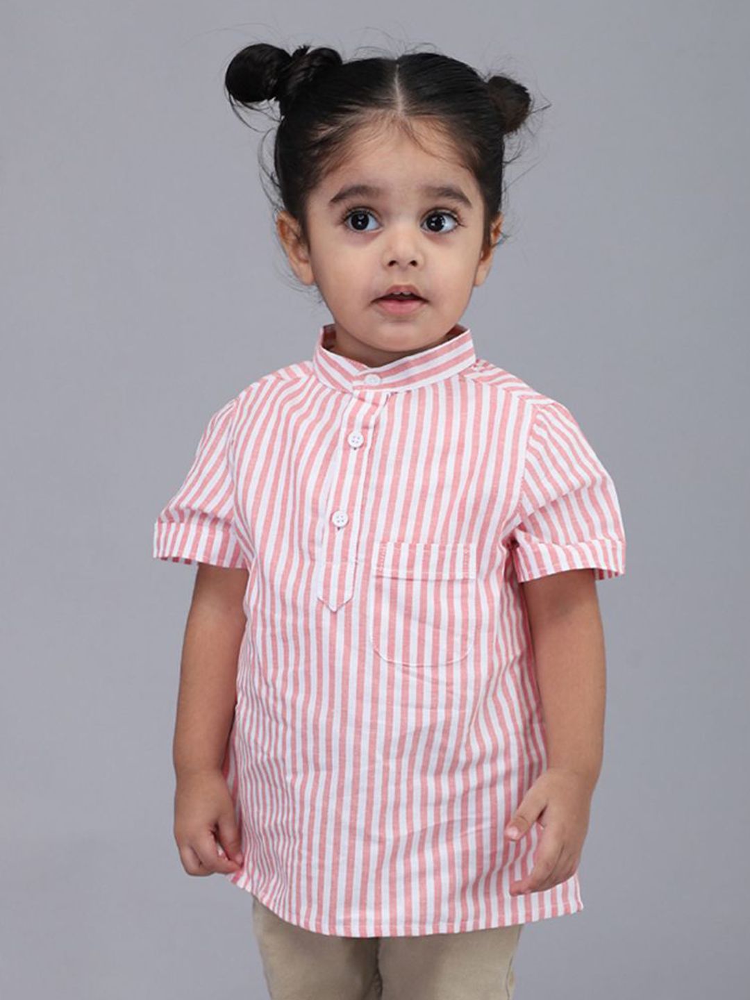 Biglilpeople Boys Standard Band Collar Vertical Striped Cotton Casual Shirt
