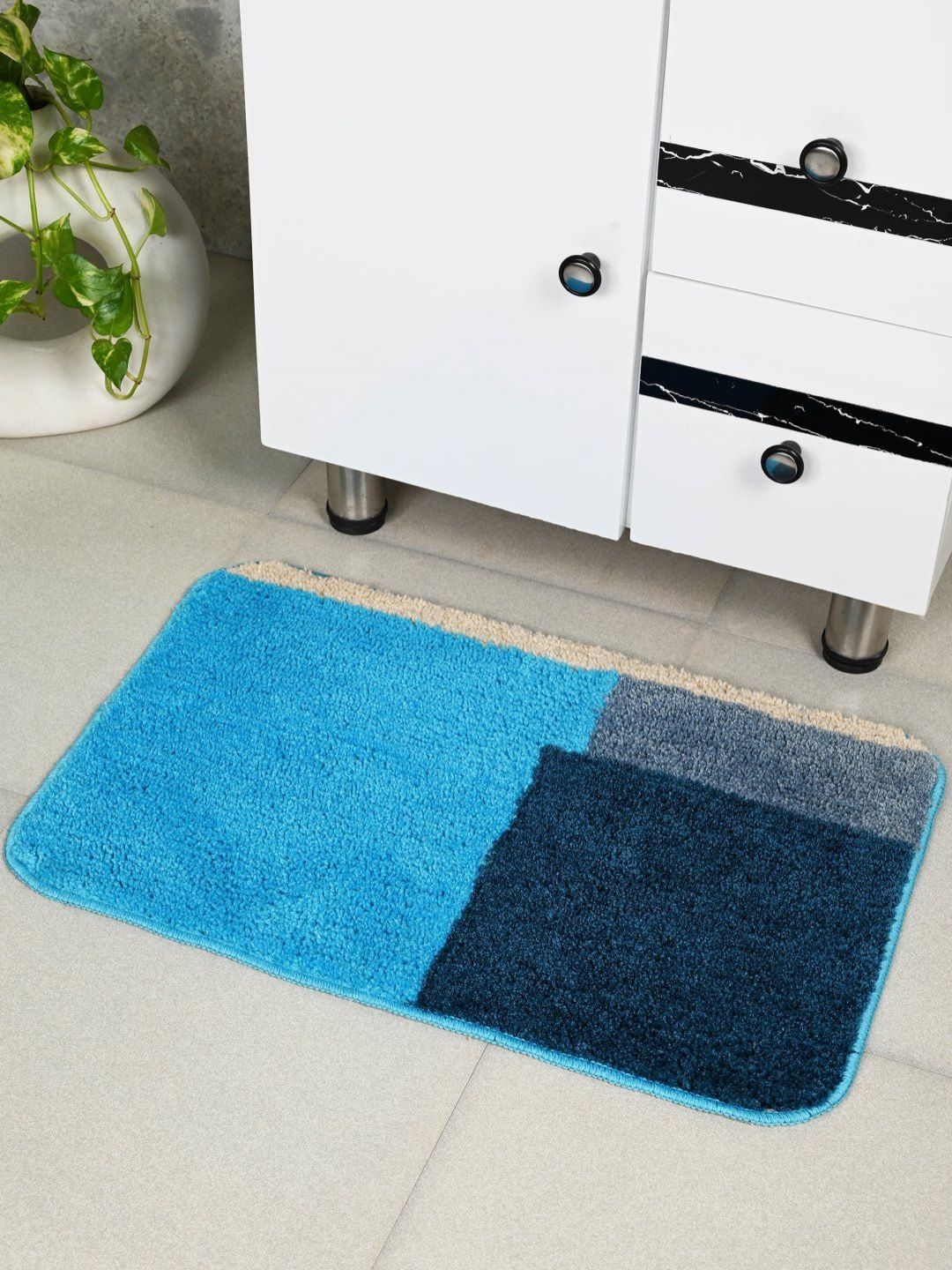 Saral Home Blue & Navy Blue 1960 GSM Textured Anti- Skid Bath Rug