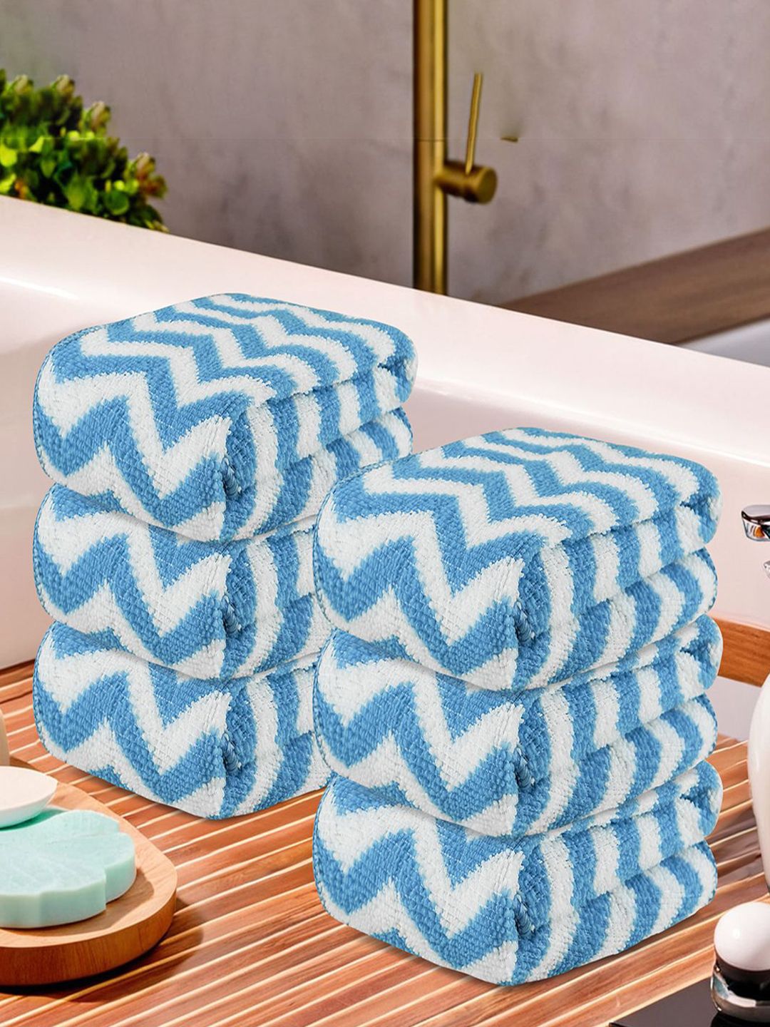 Kuber Industries Blue & White 6 Pieces Printed Microfibre 250 GSM Face Towels