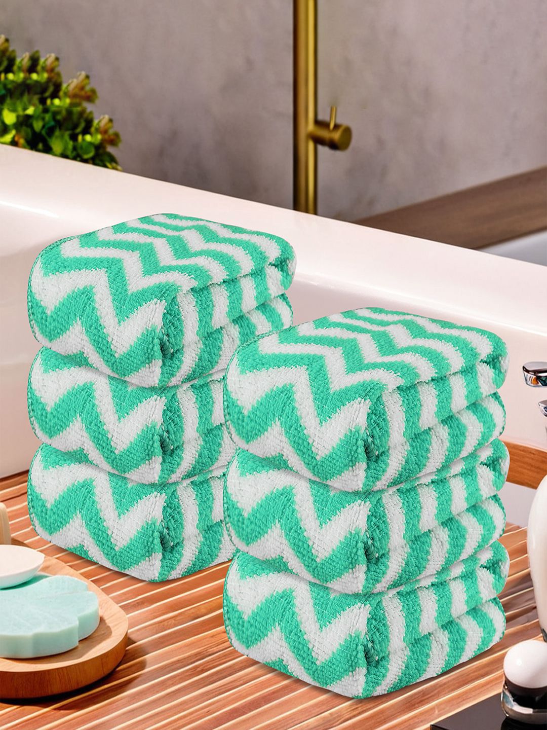 Kuber Industries Green & White 6 Pieces Printed Microfibre 250 GSM Face Towels