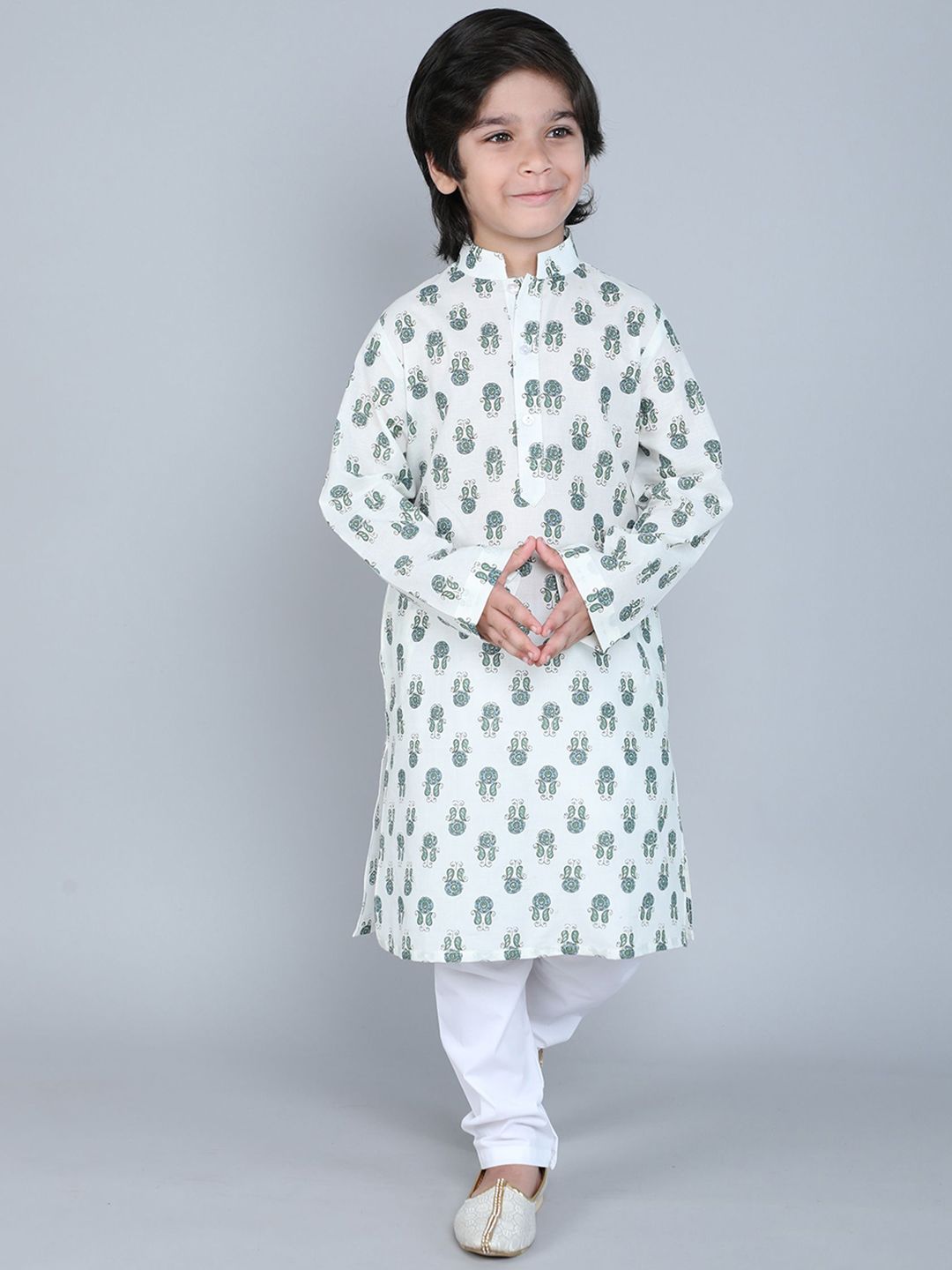 Little Clothings Boys Ethnic Printed Mandarin Collar Pure Cotton Kurta with Churidar