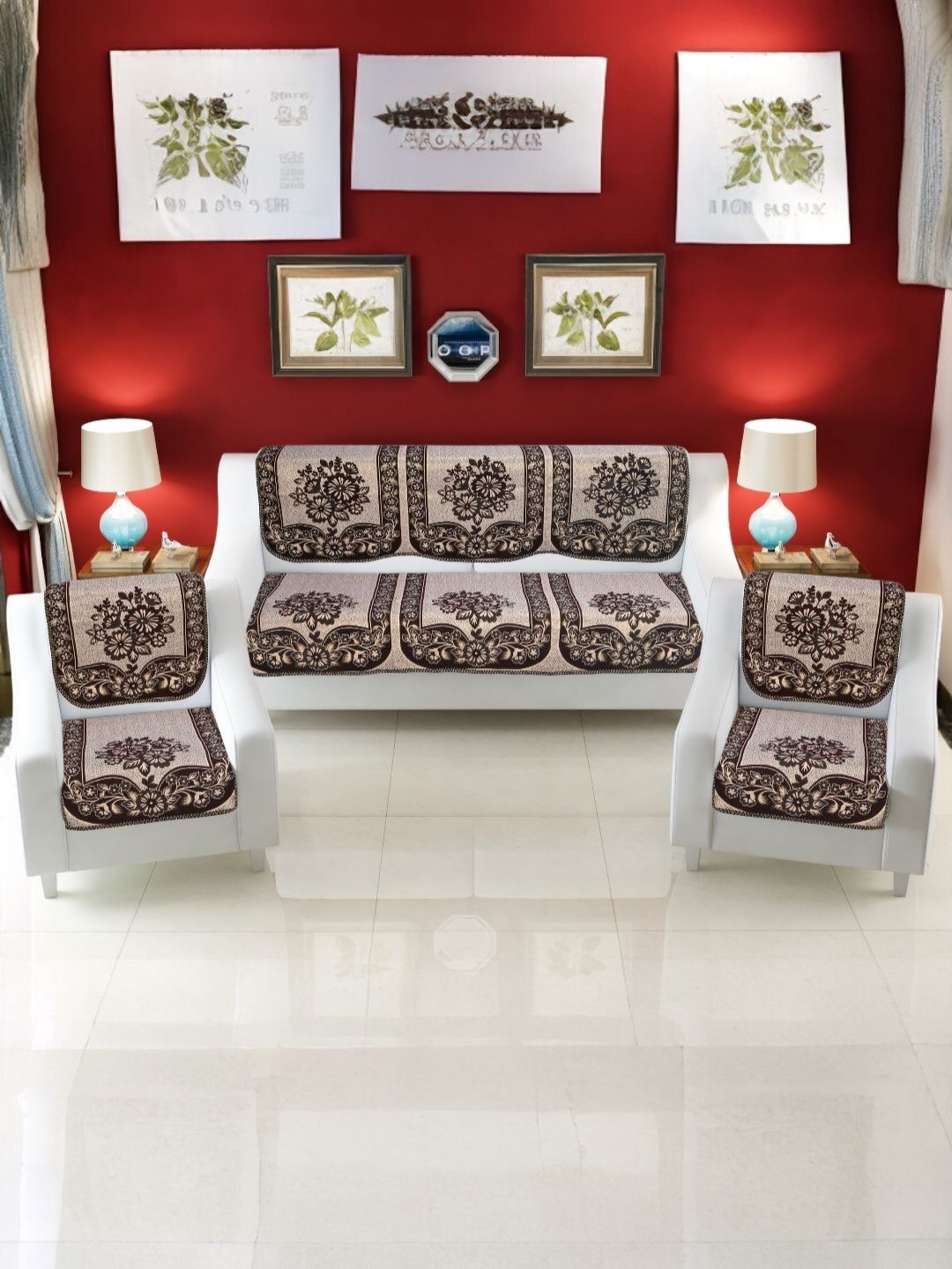 BIGGER FISH Coffee Brown Floral Cotton Washable 10PC Straight 5 Seater Sofa Cover-55x67In