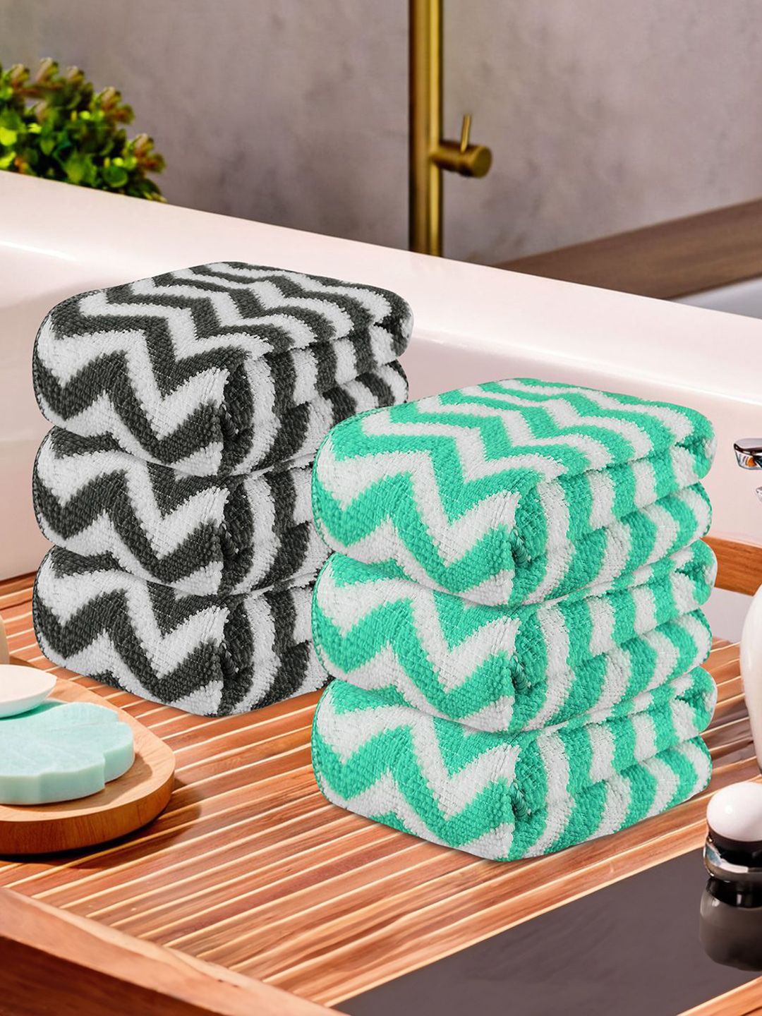 Kuber Industries Green & Grey 6 Pieces Printed Microfibre 250 GSM Face Towels