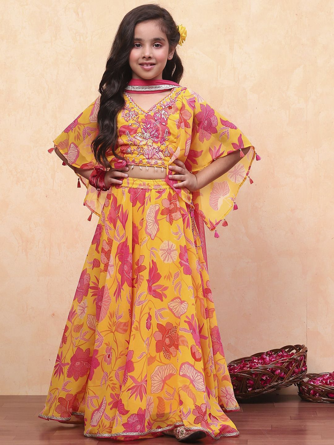Biba Girls Printed Beads & Stones Ready to Wear Lehenga & Blouse With Dupatta