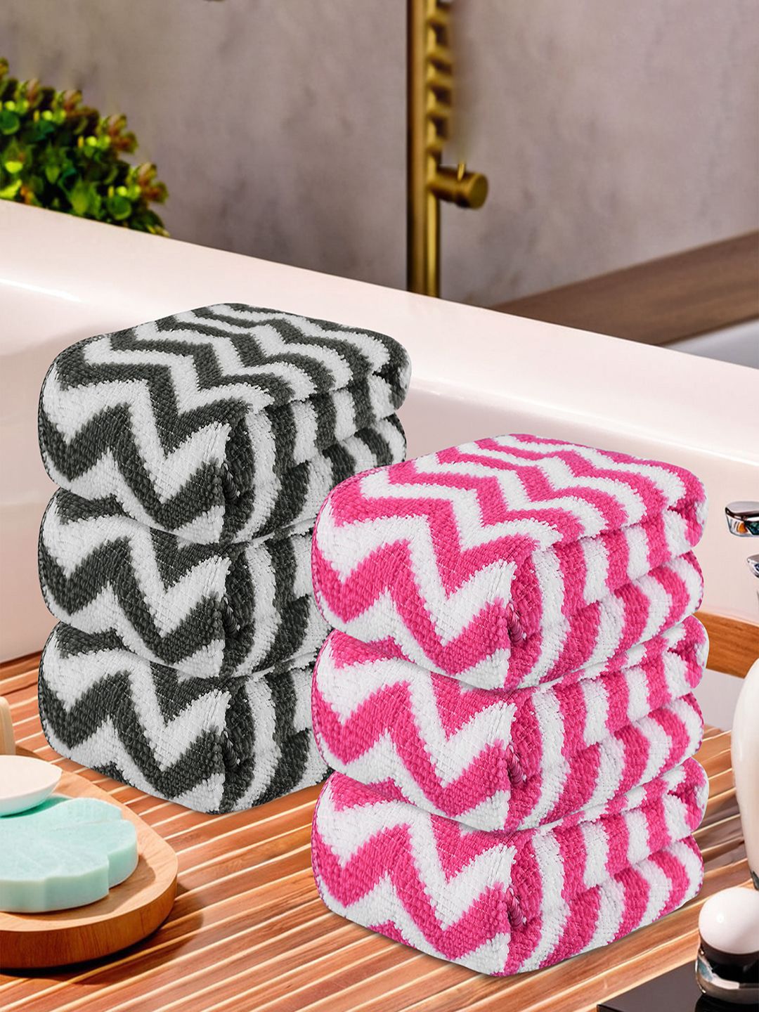 Kuber Industries Grey & Pink 6 Pieces Zig Zag Absorbent 250 GSM Microfibre Face Towels