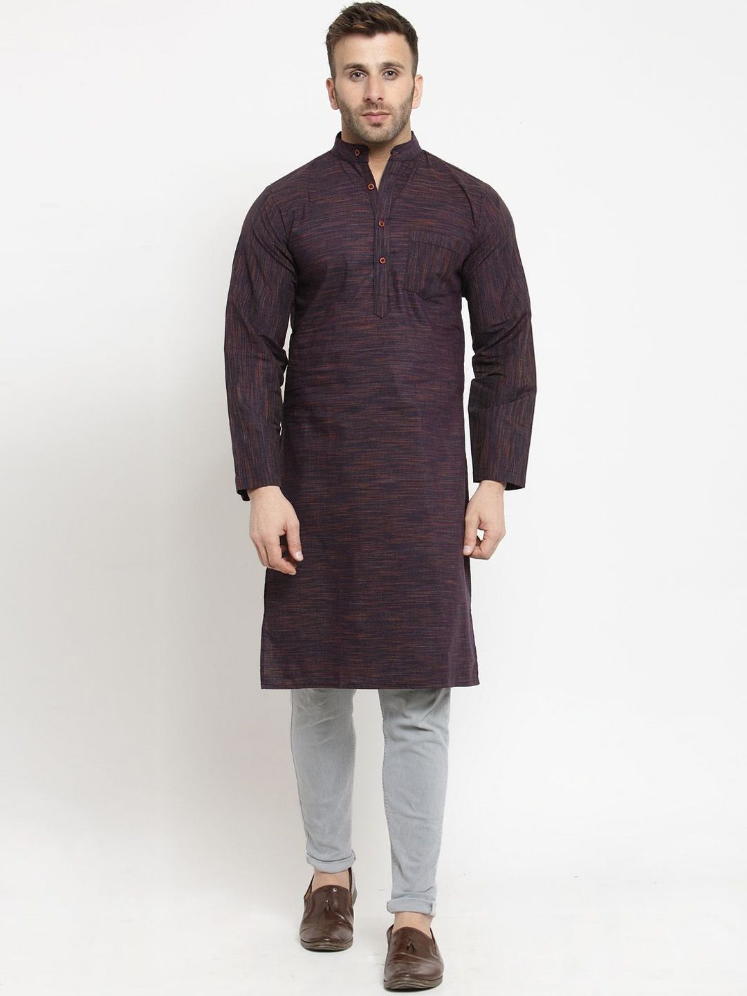Enchanted Drapes Woven Design Band Collar Neck Long Sleeves Pure Cotton Kurta