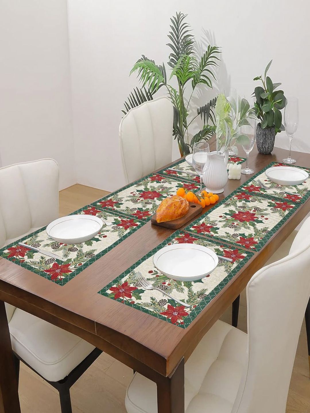 PRAKARTIK Set of 6 Green & Red Printed Pure Cotton Dining Table Mats