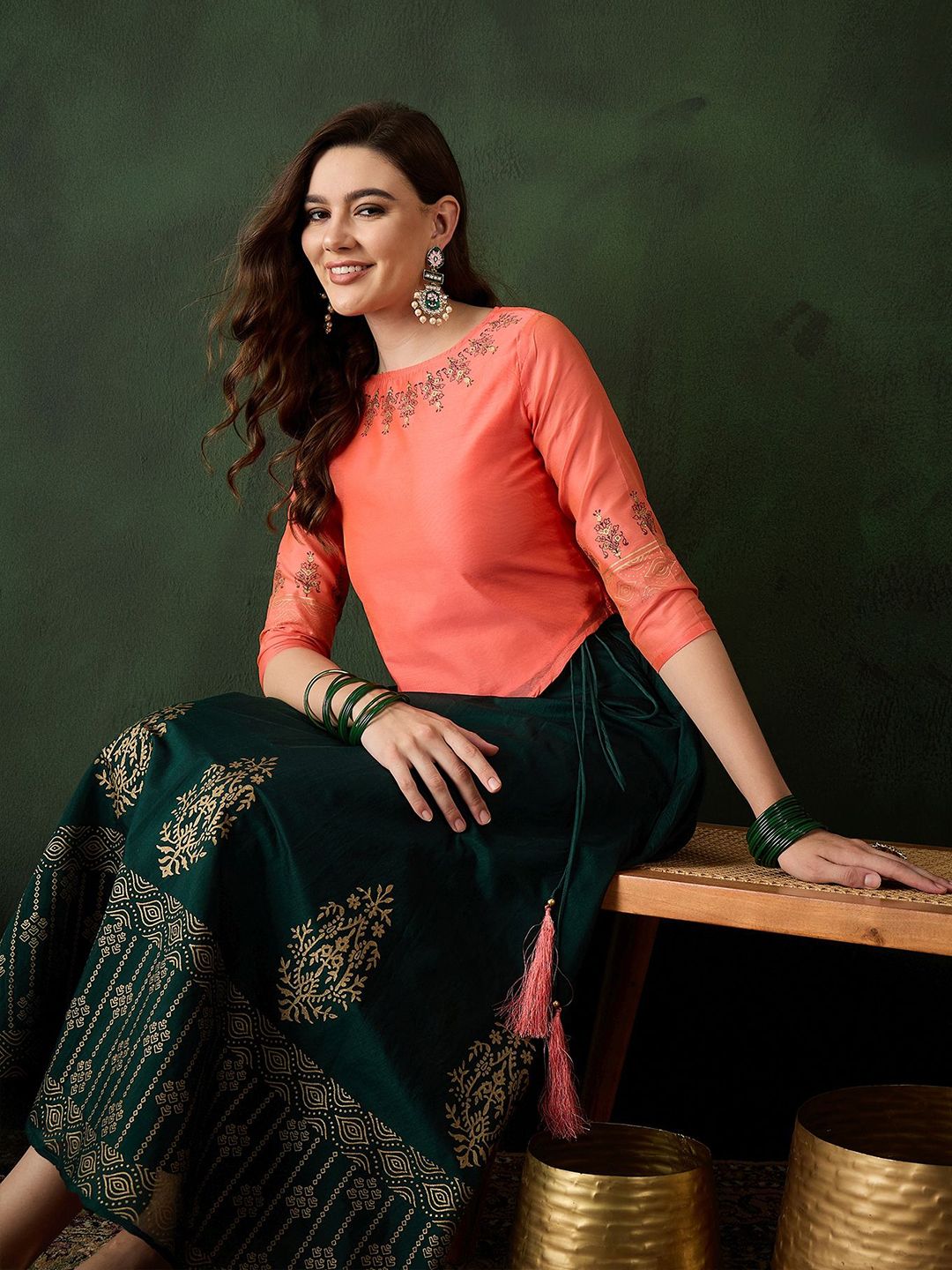 Sangria Printed Three Quarter Sleeve Lehenga Choli