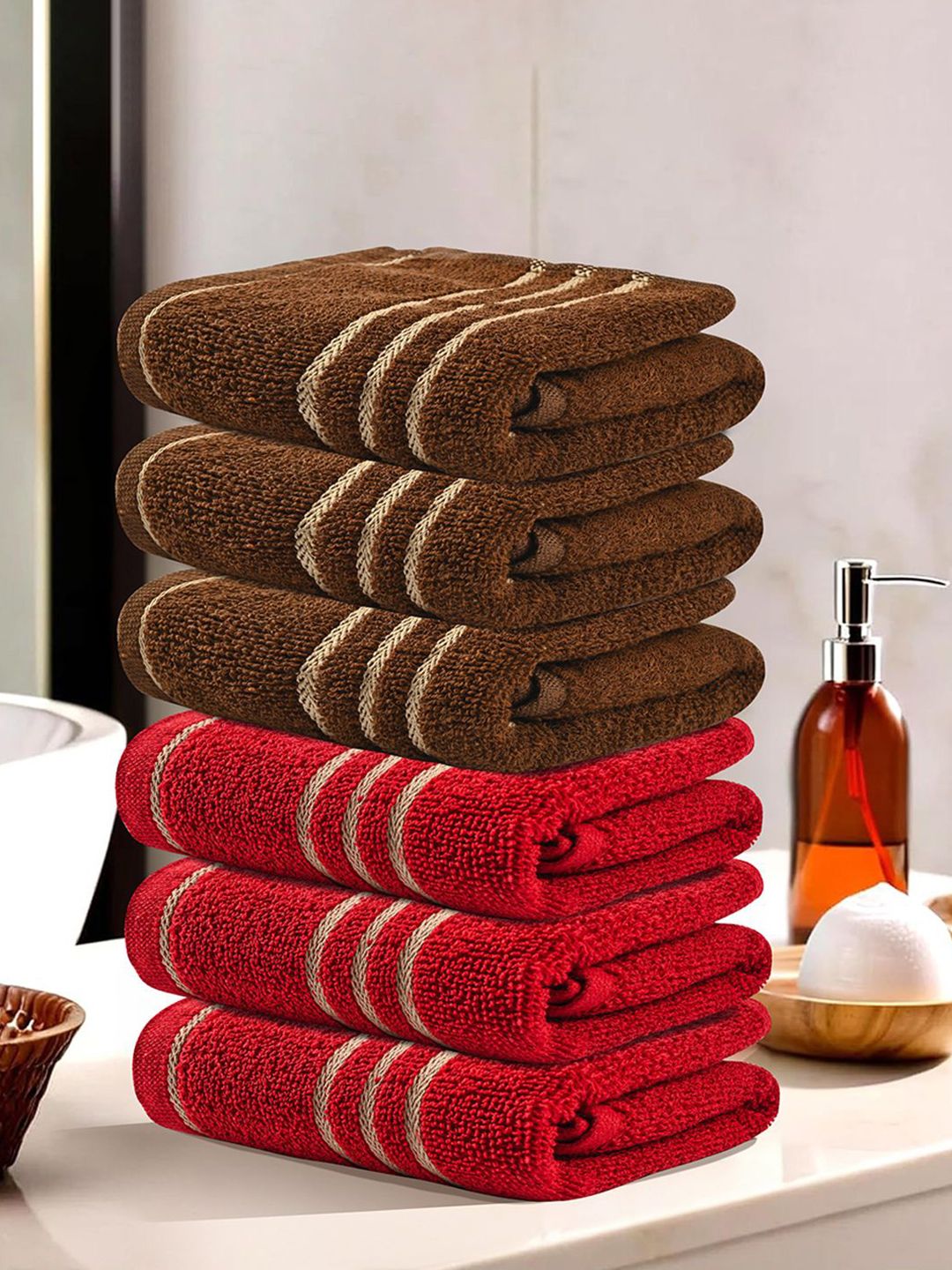 Kuber Industries Red & Brown 6 Pieces Striped Cotton 450 GSM Bath Towel