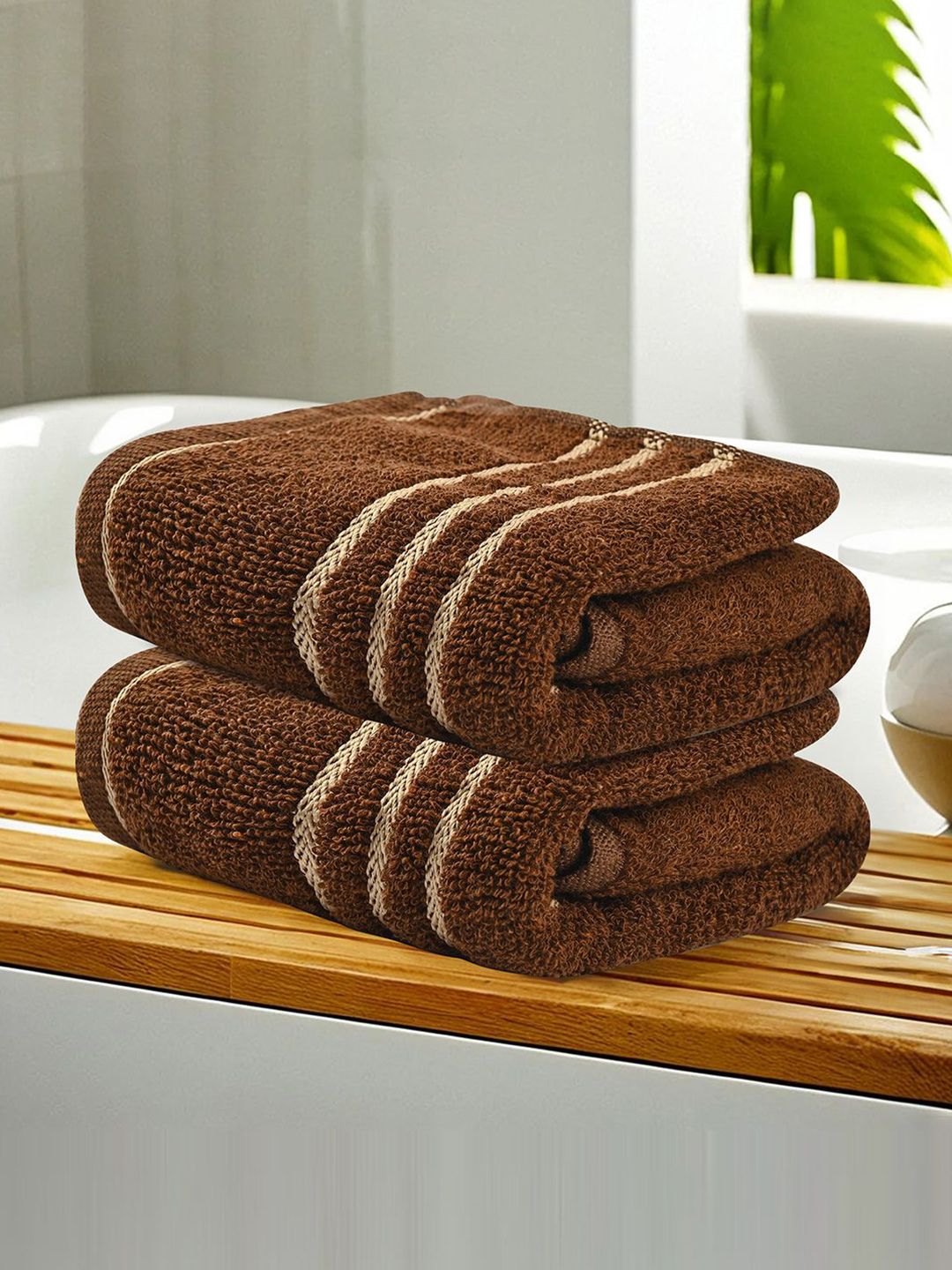 Kuber Industries Brown 2 Pieces Striped Cotton 450 GSM Bath Towels