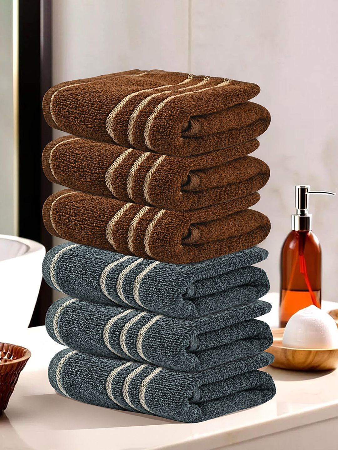 Kuber Industries Grey & Brown 6 Pieces Striped Cotton 450 GSM Bath Towel