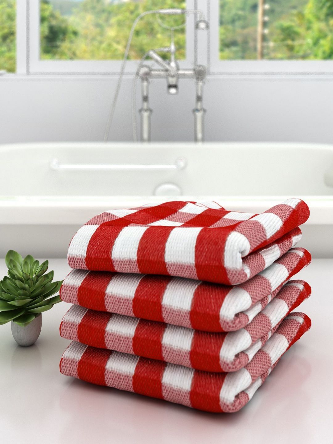 Aura Red & White 4 Pieces Striped Cotton 210 GSM Bath Towel