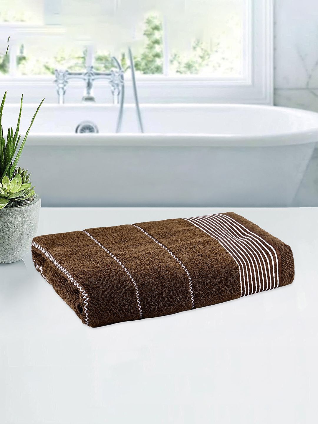 Kuber Industries Brown & White Striped Cotton 450 GSM Bath Towel
