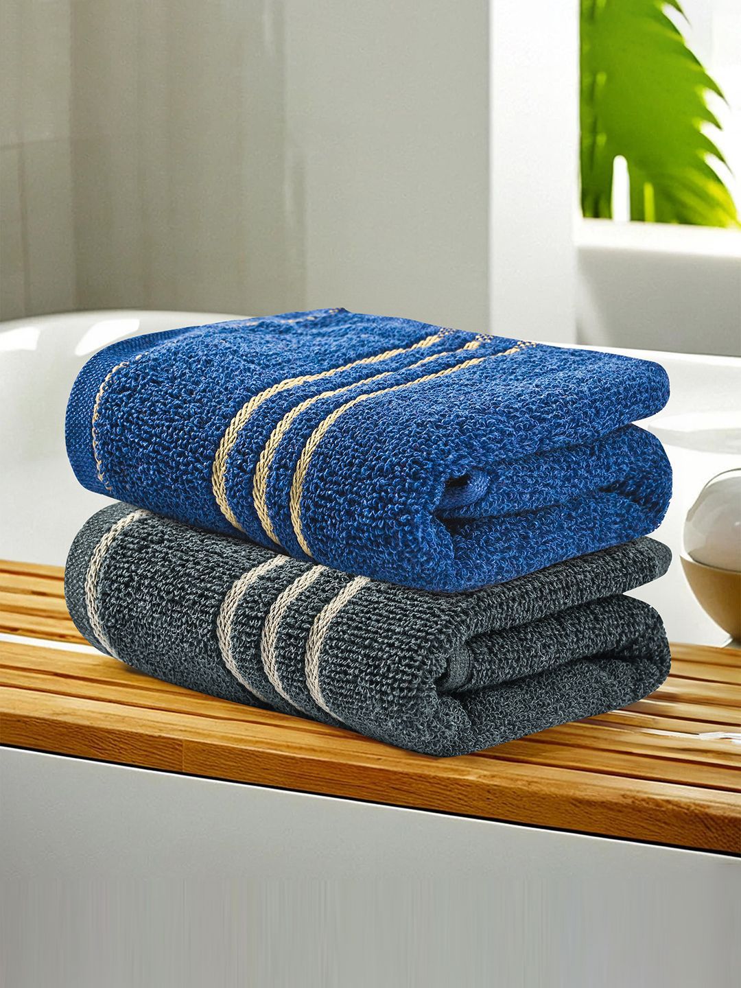 Kuber Industries Grey & Blue 2 Pieces Striped Cotton 450 GSM Bath Towels
