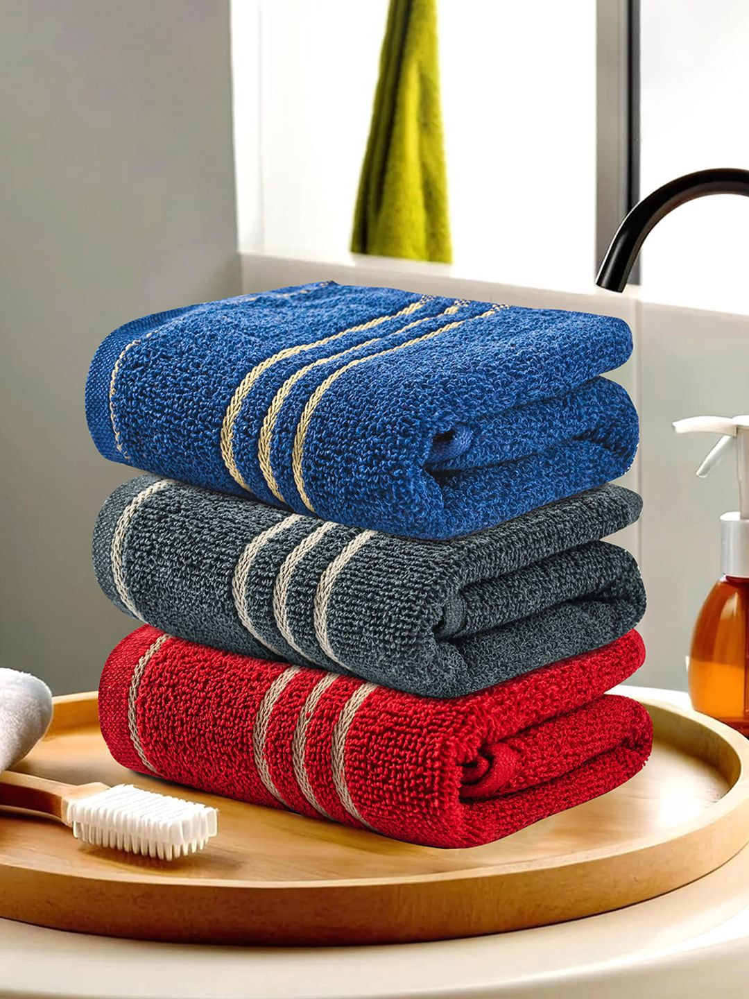 Kuber Industries Red & Blue 3 Pieces Striped Cotton 450 GSM Bath Towel