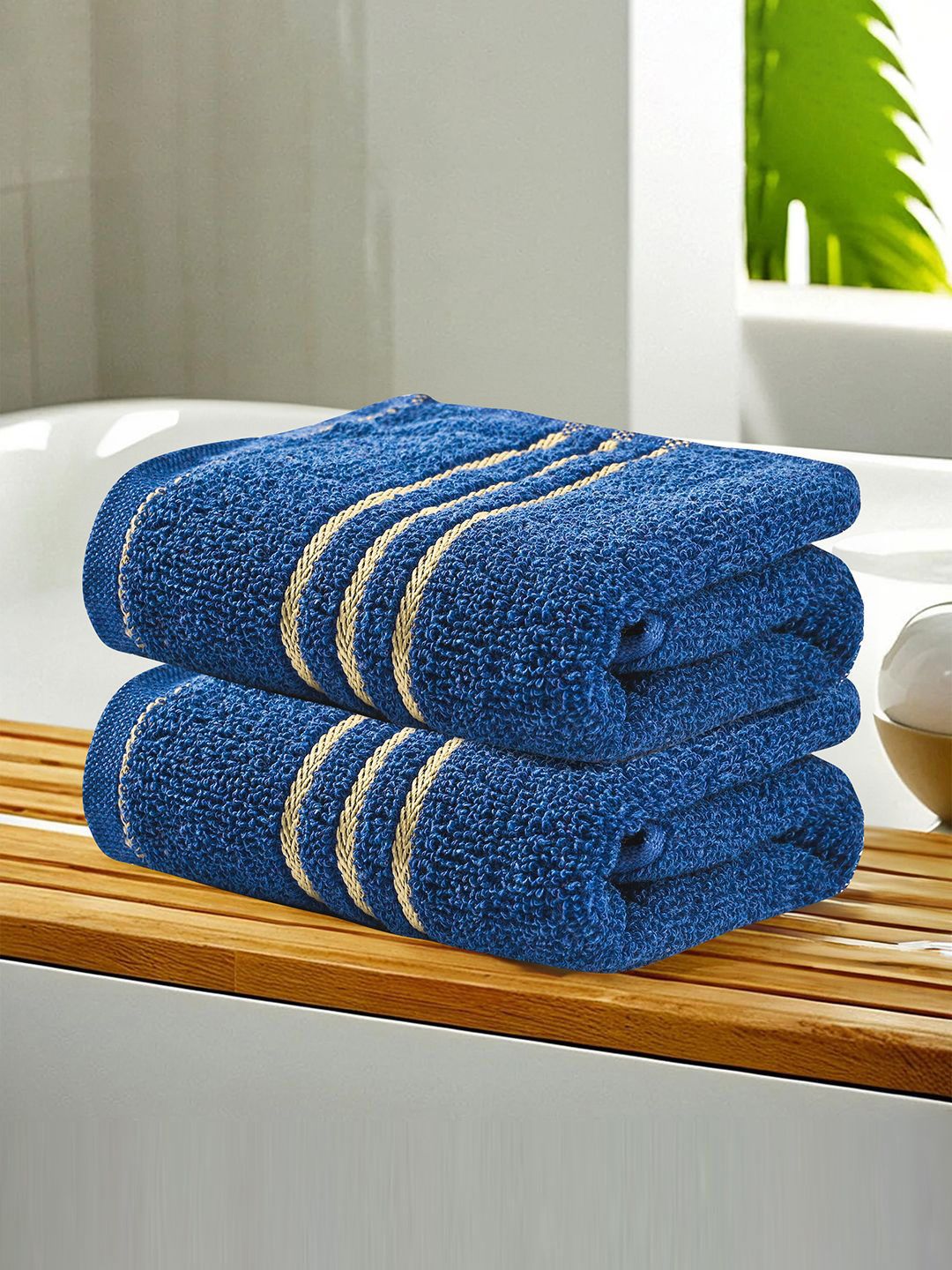 Kuber Industries Blue & Beige 2 Pieces Striped Cotton 450 GSM Bath Towel