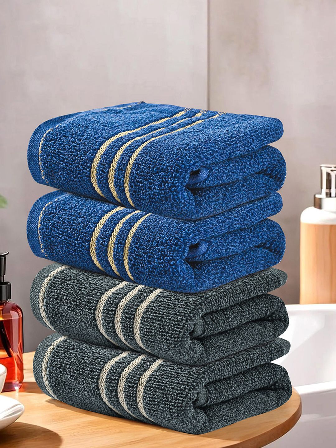 Kuber Industries Grey & Blue 4 Pieces Striped Cotton 450 GSM Bath Towels