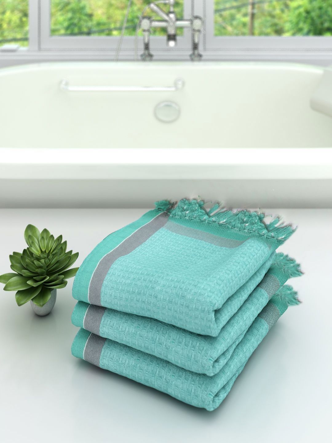 Aura Sea Green & Grey 3 Pieces Textured 210 GSM Pure Cotton Quick-Dry Bath Towel