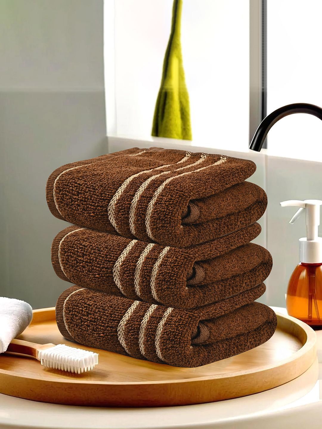 Kuber Industries Brown & Brown 3 Pieces Striped Cotton 450 GSM  Face Towels