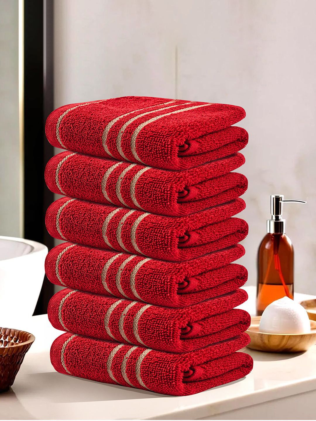 Kuber Industries Red & White 6 Pieces Striped Cotton 450 GSM Bath Towels