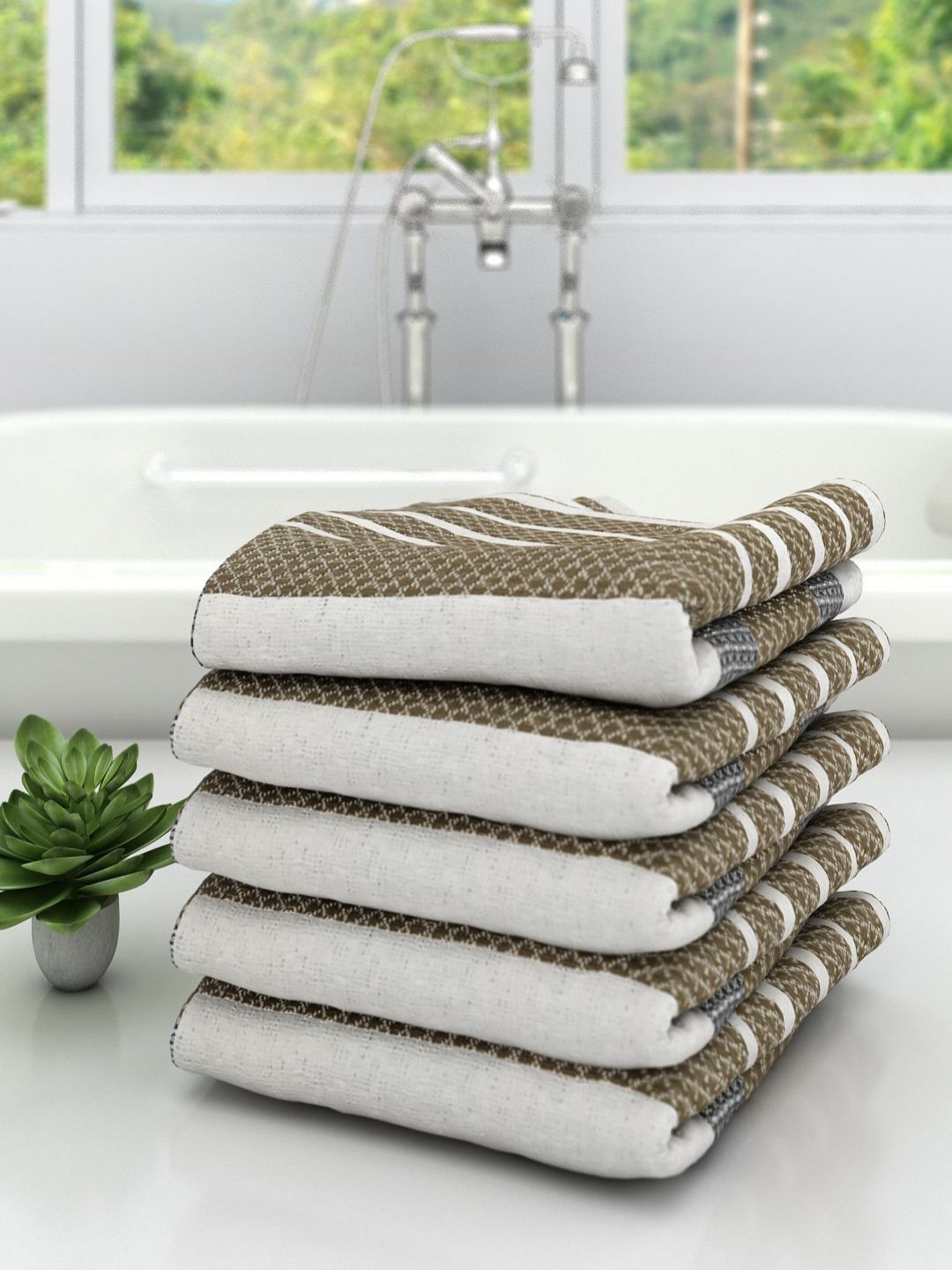 Aura White & Brown 5 Pieces Striped Cotton 210 GSM Bath Towel